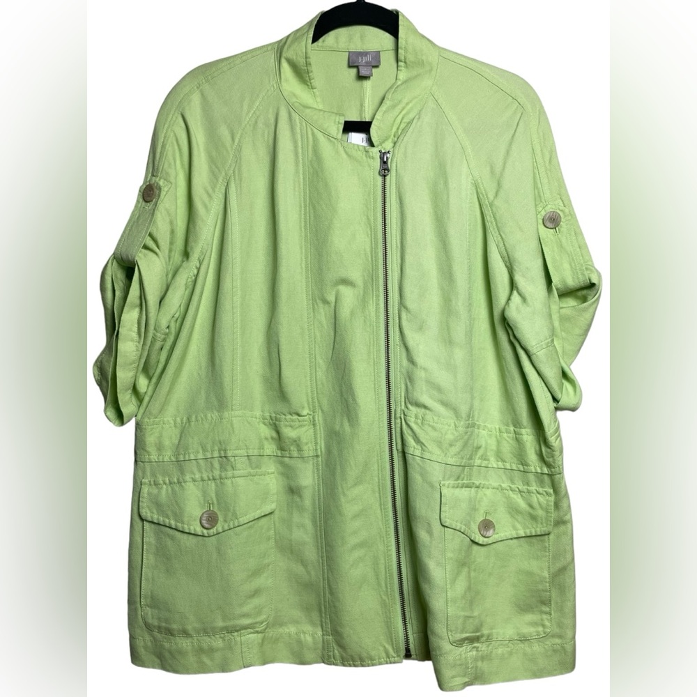 J. Jill NWT Side Zip Lagenlook Linen Blend Celery Green Roll Sleeve Jacket PL